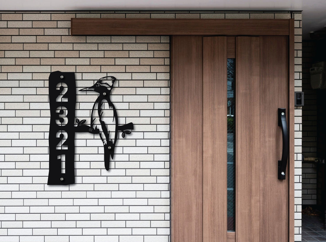 The Woodpecker Metal House Number